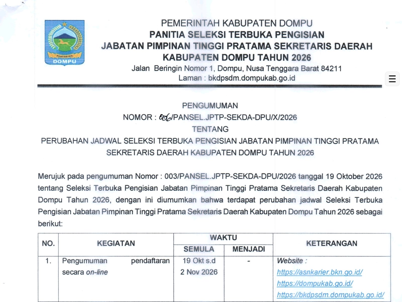 Pemkab Dompu Majukan Jadwal Pengumuman Hasil Seleksi Administrasi Sekda 2026